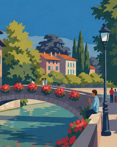 A man in a blue shirt sitting on the parapet, near the lamppost and the bridge with red flowers