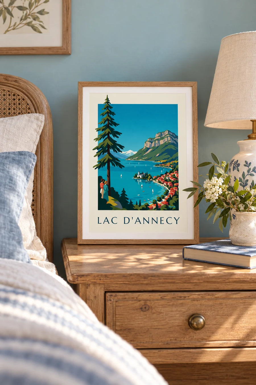 Poster del lago di Annecy nelle Alpi, con barche a vela e Tournette: formato piccolo A4 con cornice