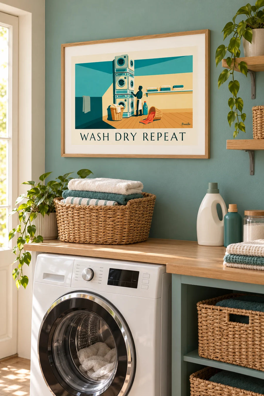 Poster «Laundry Room» con ceste del bucato e lavatrici: incorniciato alla parete