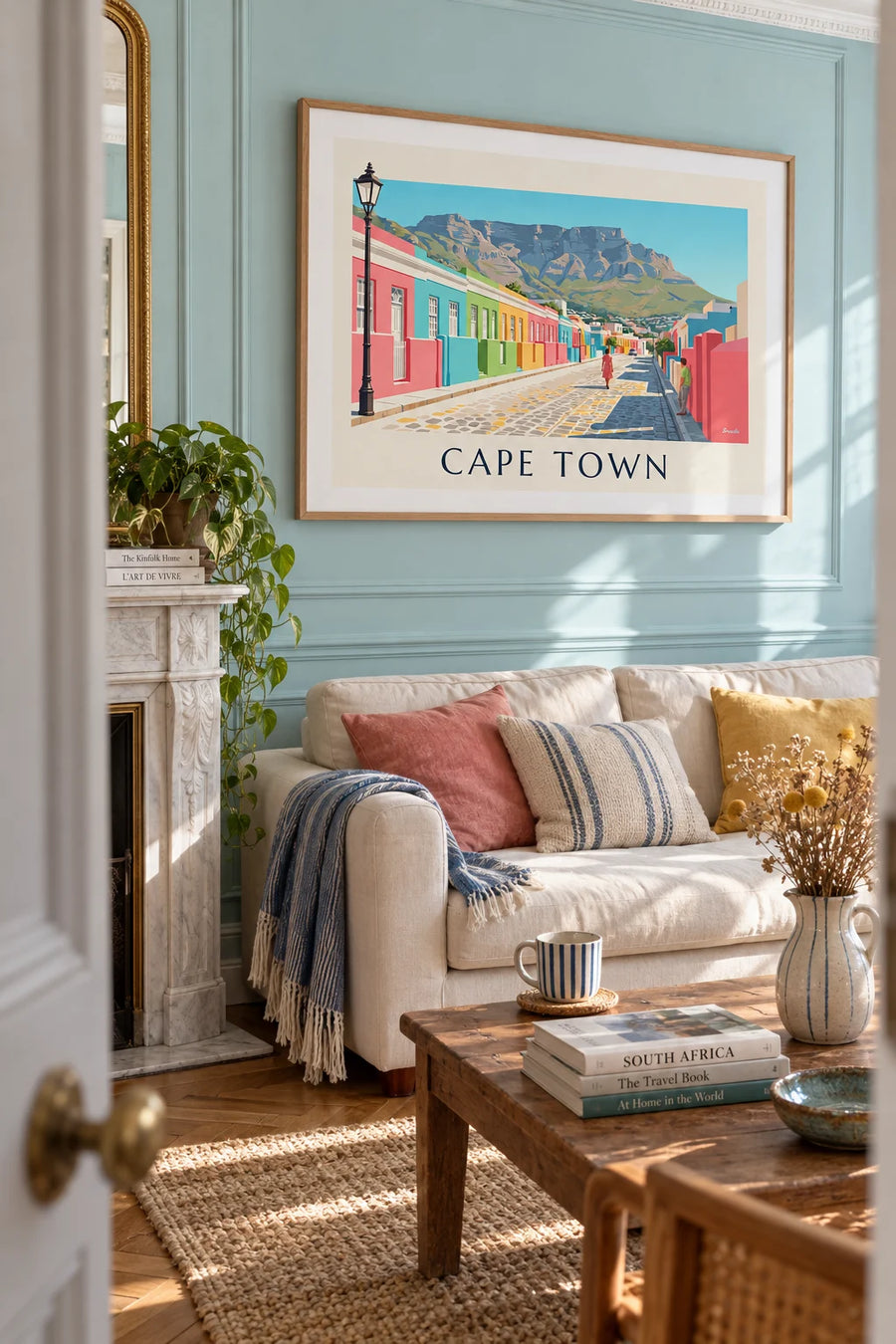 Affiche maisons colorées du Bo-Kaap au Cap et montagne de la Table : encadrée au mur
