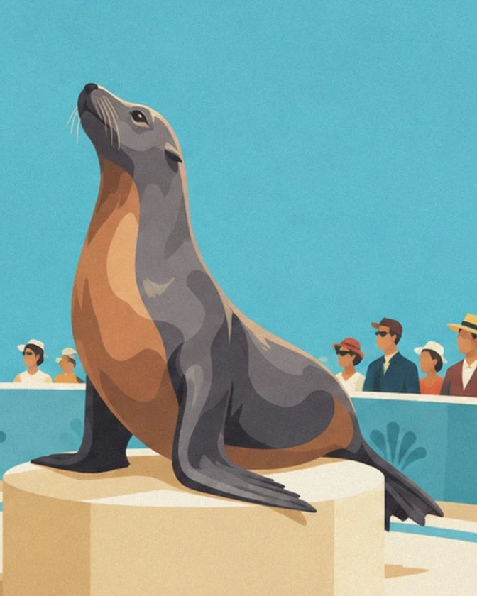 Sea lion with grey and brown fur, nose raised, sitting on its plinth in front of the audience