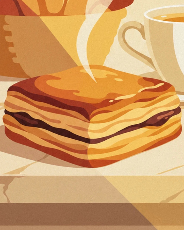 Un pain au chocolat doré aux couches feuilletées, près d’une tasse fumante