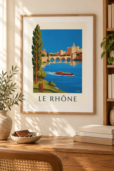 Affiche péniche sur le Rhône devant le pont d'Avignon : encadrée au mur