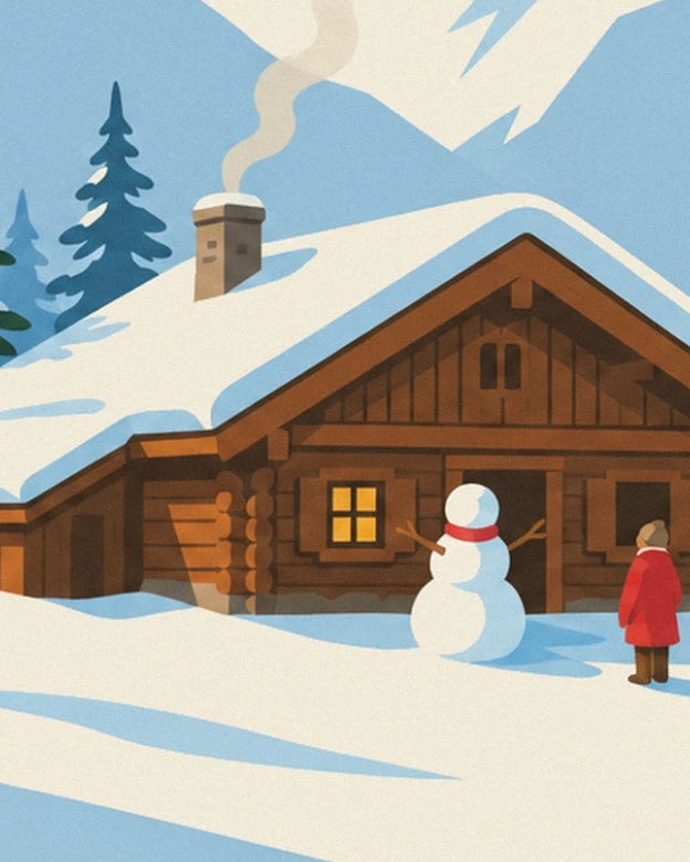 Lo chalet di legno sotto la neve, il pupazzo di neve con la sciarpa rossa e una figura con un cappotto rosso