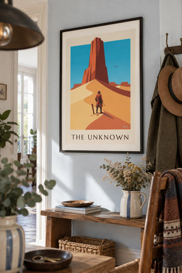 Poster avventuriero misterioso su una cresta del deserto: incorniciato alla parete