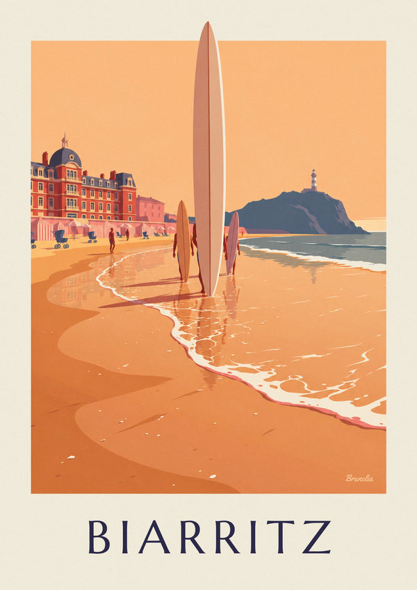 Affiche surfeurs et longboards devant l'Hôtel du Palais à Biarritz