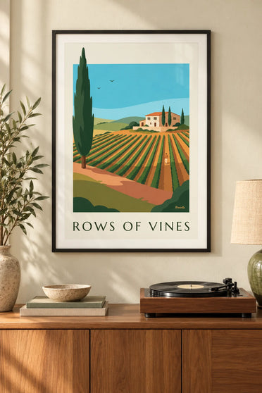 Poster di paesaggio di vigneto, filari di viti e cipressi: incorniciato alla parete