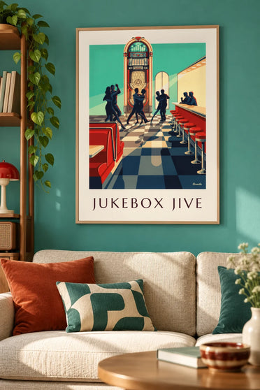 Poster con jukebox e sagome di ballerini di rock: incorniciato alla parete