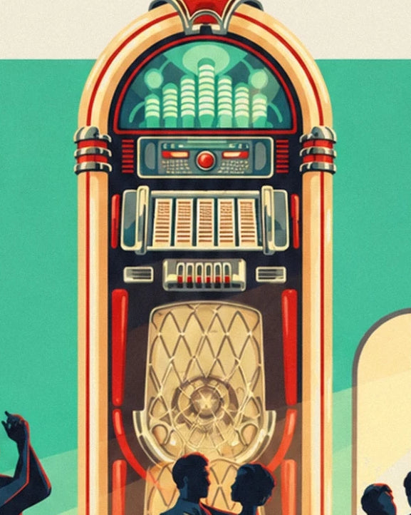 Le jukebox aux courbes crème et rouges, avec sa grille dorée et ses lumières vertes