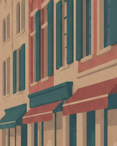 Large fir green shutters and brick red awnings on a cream brick façade