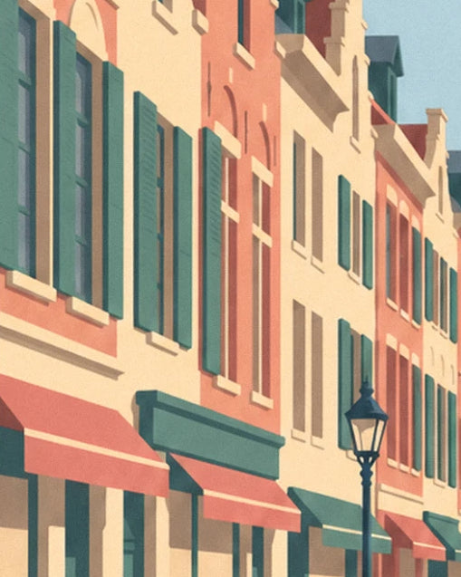 Pink and cream façades with green shutters, red awnings and a midnight blue lantern
