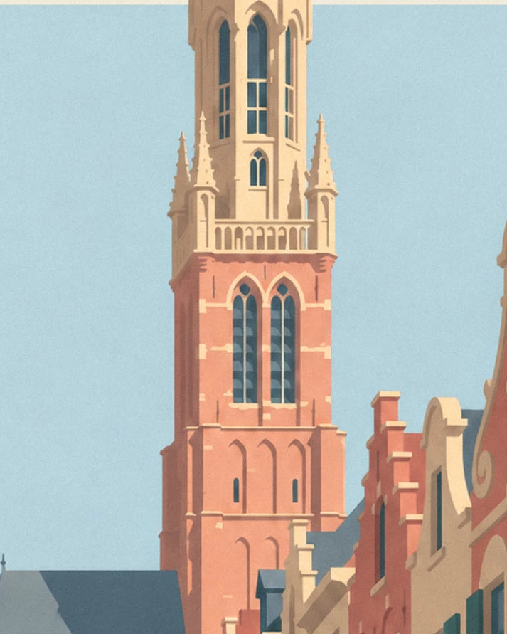 The pink brick belfry and its stepped gables beneath a pale blue sky