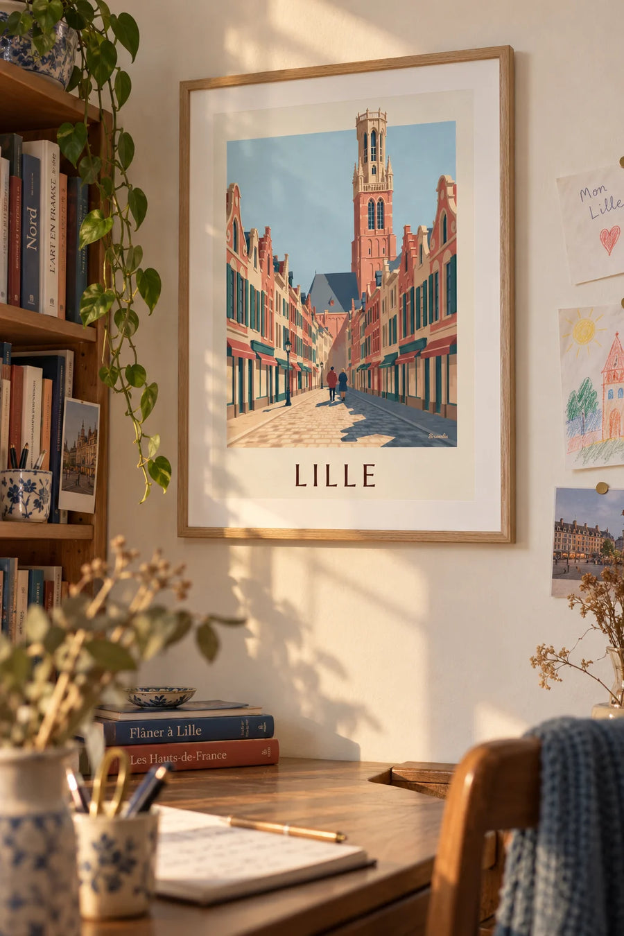 Poster of a cobbled street and Flemish facades in Old Lille: framed on the wall