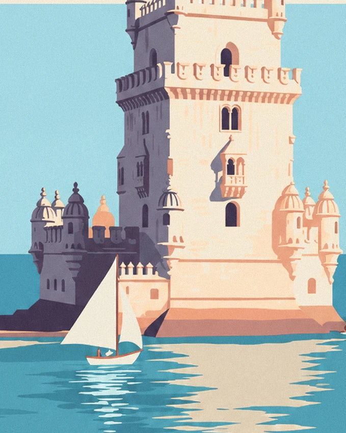 The pale stone tower of Belém and its white sailing boat on the Tage