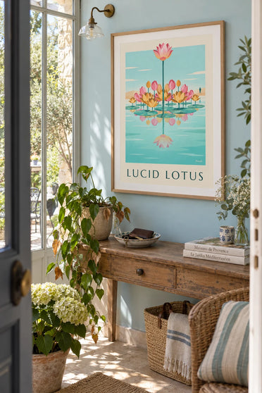 Poster di fiori di loto disposti a ventaglio sull'acqua: incorniciato alla parete
