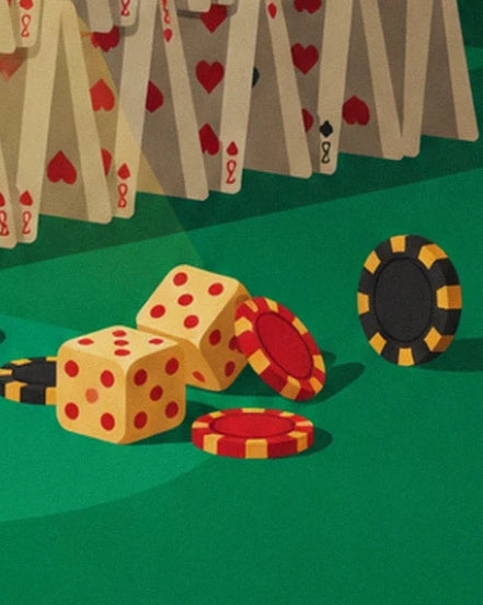 I 2 dadi gialli e i gettoni rossi e neri sul panno verde del casinò