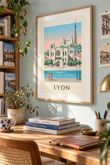 Poster cattedrale di Saint-Jean e lungosaona a Lione: appeso al muro con cornice