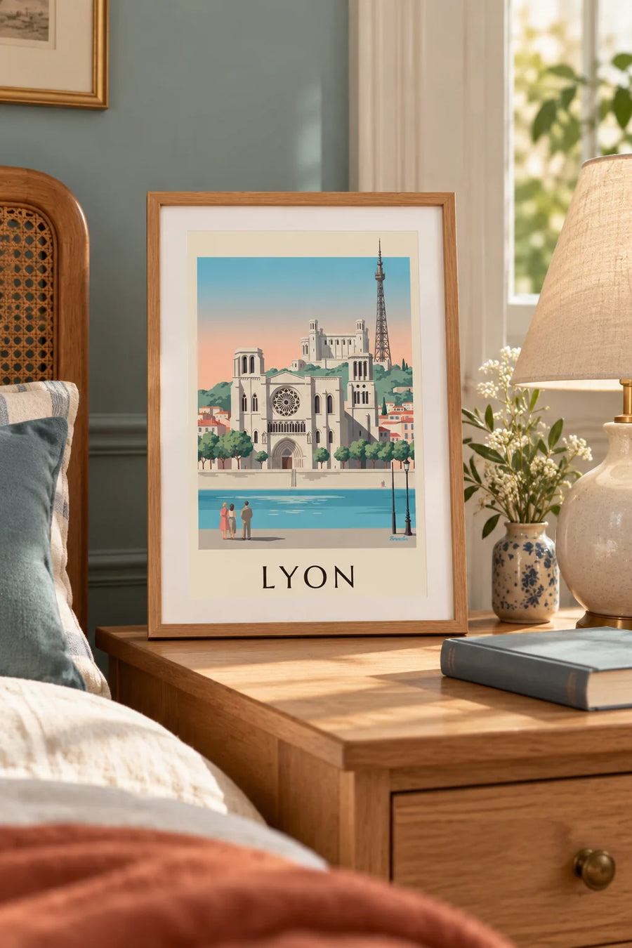 Affiche cathédrale Saint-Jean et quais de Saône à Lyon : petit format A4 encadré