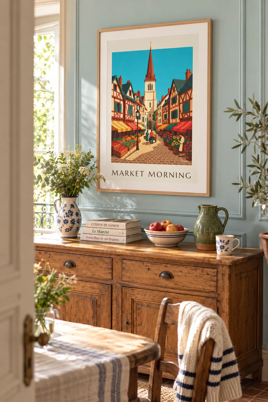 Poster of a farmers’ market and half-timbered houses: framed on the wall