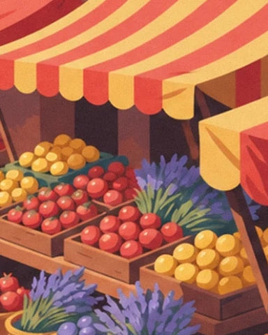 Crates of red and yellow fruit, bunches of lavender and a striped awning at the Provençal market