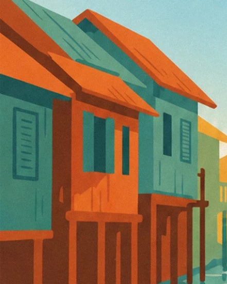 Les maisons sur pilotis aux façades turquoise et orange et aux toits orangés