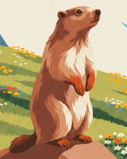 La marmotte au pelage brun et crème, dressée sur son rocher dans la prairie fleurie
