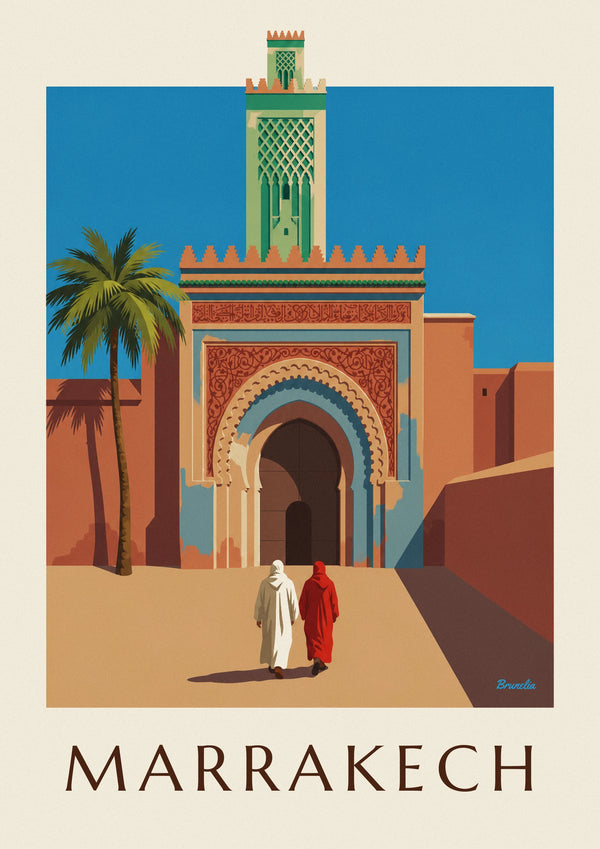 Poster porta Bab Agnaou e minareto a Marrakech