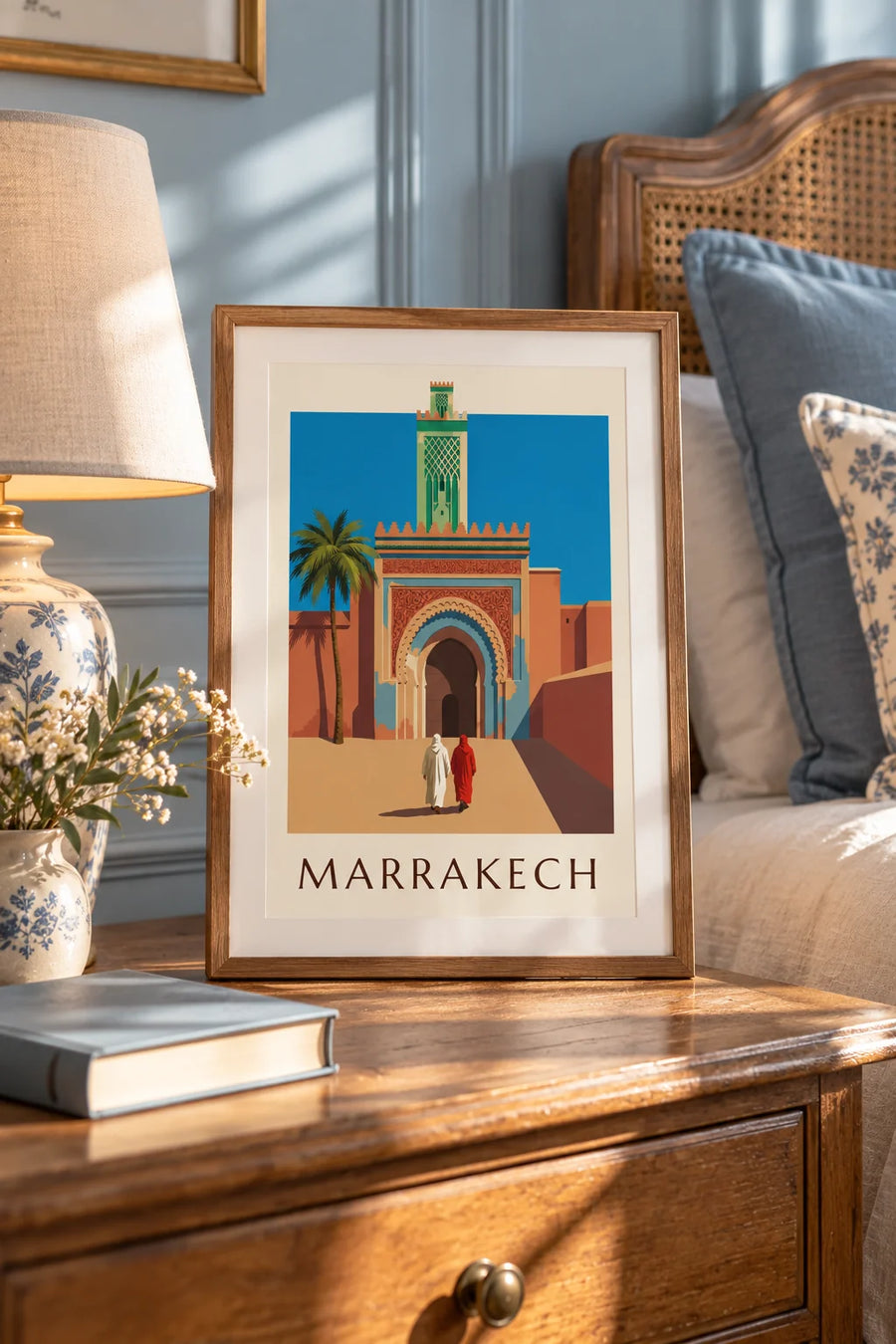 Poster con la porta Bab Agnaou e il minareto a Marrakech: piccolo formato A4 incorniciato