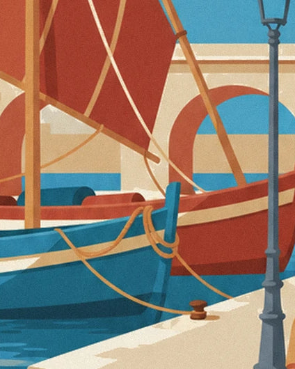 Le barche blu e rosse, le loro corde e le vele rosse davanti al ponte