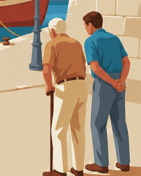 I 2 uomini visti di spalle sulla banchina, uno con un bastone da passeggio, l'altro in camicia blu