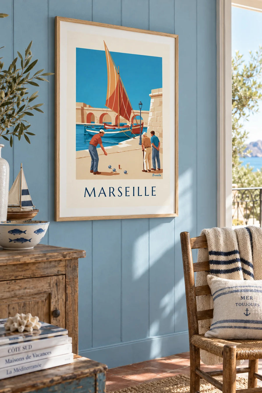 Game of pétanque at the Vallon des Auffes in Marseille poster: framed on the wall