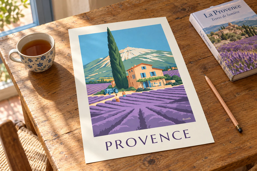 Affiche mas provençal dans les champs de lavande : posée sur une table