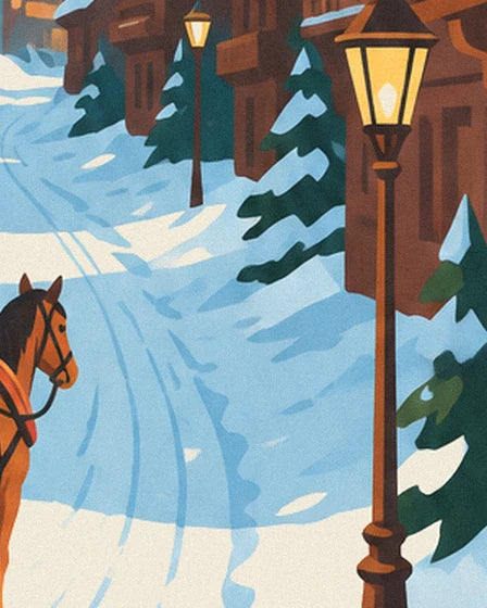 Il lampione luminoso accanto alla strada, con la testa del cavallo e gli abeti