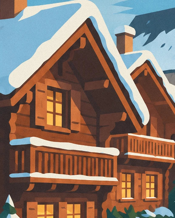 Lo chalet di legno con le finestre illuminate e i balconi carichi di neve
