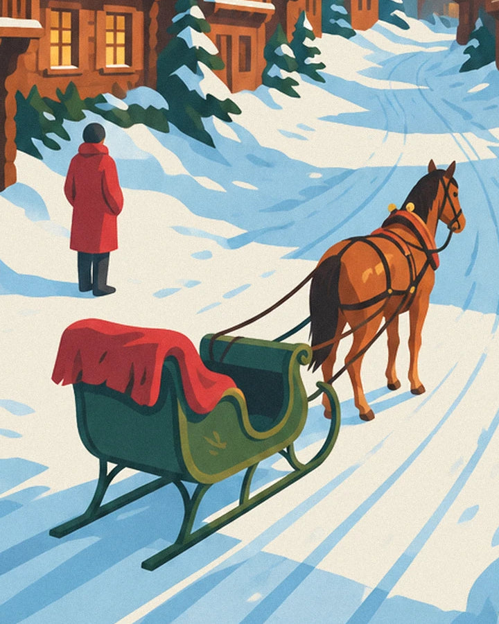 La slitta verde con la coperta rossa e il suo cavallo sauro, sulla neve