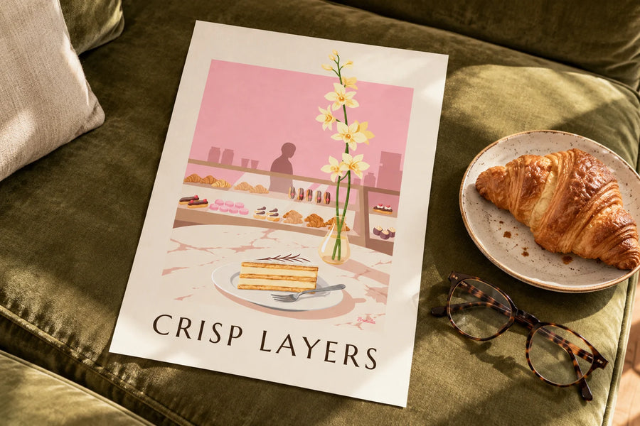 Poster fetta di millefoglie alla vaniglia in pasticceria: appoggiato su un tavolo