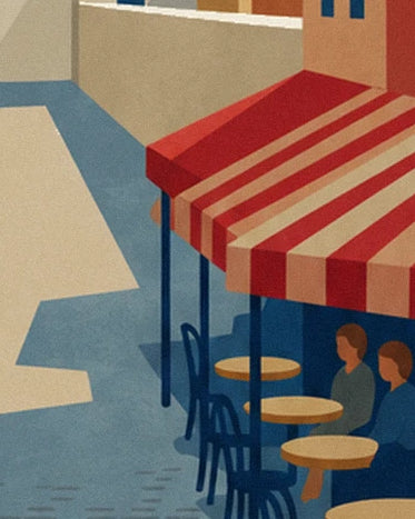 Une terrasse de café aux tables rondes sous un store rayé rouge et crème