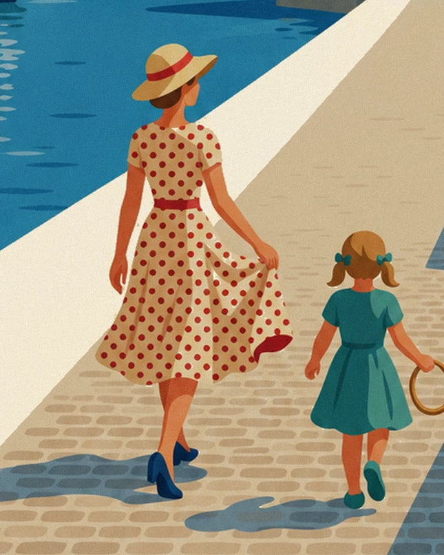 Une femme en robe crème à pois rouges et une fillette en robe turquoise sur le quai