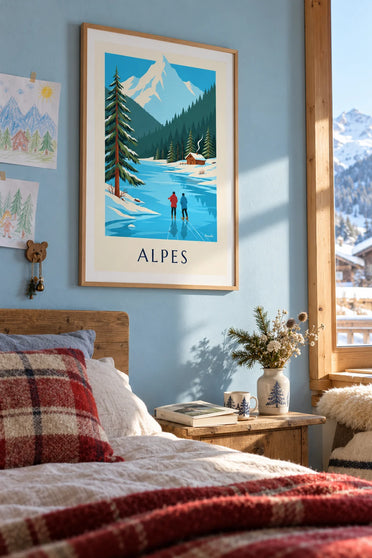 Poster mucche fiorite in riva a un lago delle Alpi in autunno: incorniciato al muro