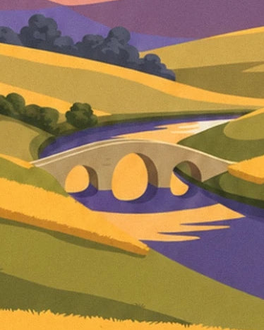 Il ponte di pietra a 3 arcate sul fiume viola, tra campi dorati