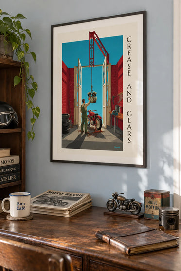 Poster moto classica in un'officina meccanica in mattoni: incorniciato alla parete