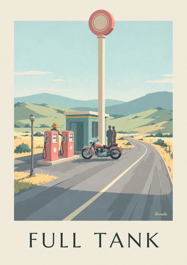 Affiche moto classique garée devant une station-service