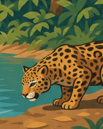 Il giaguaro dal manto dorato e dalle macchie nere accanto all'acqua turchese in Amazzonia