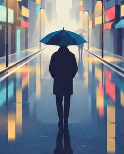 A figure beneath a blue umbrella in the middle of the street filled with bright reflections