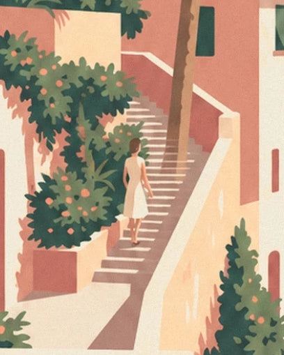 A woman in a pale dress on steps lined with foliage and ochre walls