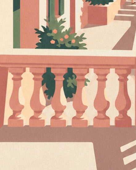 A pink balustrade and its shadows on a terrace, in front of flowering shrubs