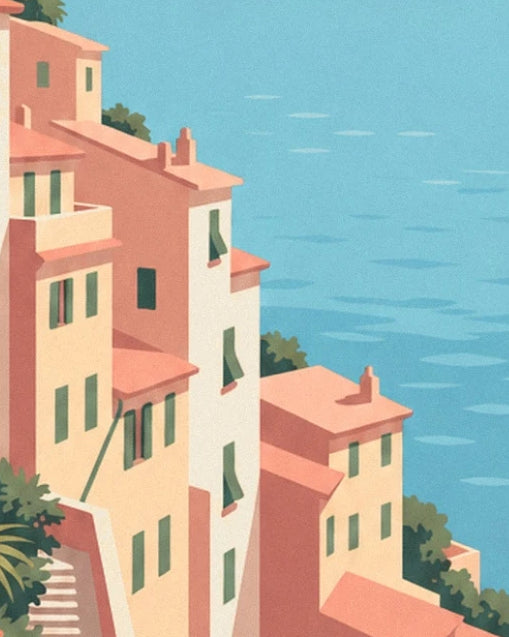 Houses with coral roofs and green shutters in the hills of Nice, facing the azure sea