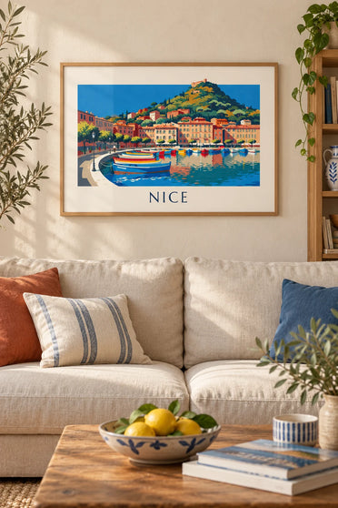 Poster porto Lympia e collina del Castello a Nizza: incorniciato alla parete