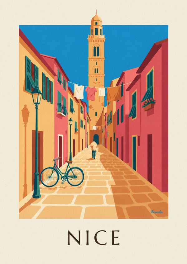 Affiche vélo dans une ruelle pavée du Vieux Nice