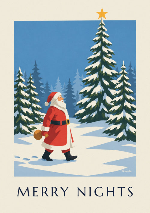 Poster Babbo Natale in una foresta di abeti innevati sotto la stella: il poster intero